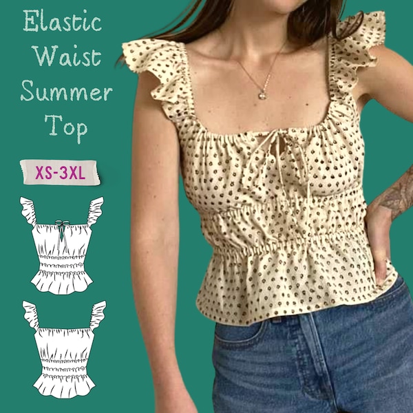 Elastic Waist Ruffle Shoulder Summer Top PDF Sewing Pattern- Women's Top Pattern -Printable Beginner Friendly Sewing Pattern in Sizes XS-3XL