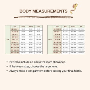 May include: A body measurements chart featuring two tables for sizing in centimeters and inches. The text includes BODY MEASUREMENTS, size ranges from XXS to 5XL, and instructions regarding a 1 cm (3/8 inch) seam allowance, choosing larger sizes, and making a test garment.