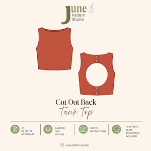 May include: A sewing pattern for a rust-colored sleeveless tank top with a high neckline. The back features a large circular cutout and four buttons. Text includes June Pattern Studio, Cut Out Back Tank Top, A4, US Letter, A0, and 1 cm (3/8") seam allowance.