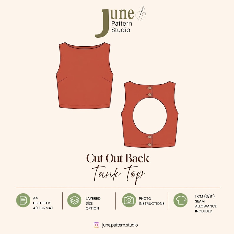 May include: A sewing pattern for a rust-colored sleeveless tank top with a high neckline. The back features a large circular cutout and four buttons. Text includes June Pattern Studio, Cut Out Back Tank Top, A4, US Letter, A0, and 1 cm (3/8") seam allowance.