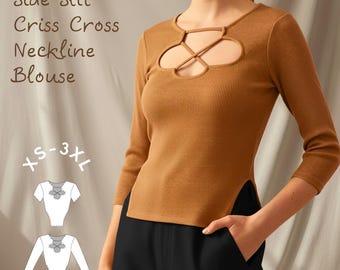 Side Slit Criss Cross Neckline Blouse -Keyhole Cut Out Top PDF Sewing Pattern: Beginner Friendly (XS-3XL)