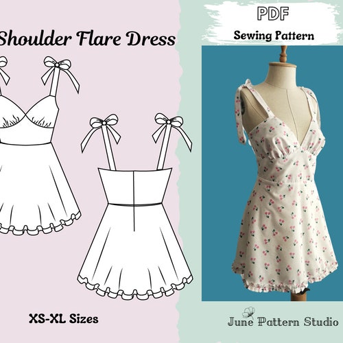 Tie Shoulder Flare Mini Dress PDF Sewing Pattern Printable - Etsy