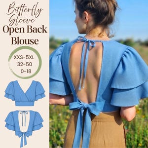 Chemisier ouvert à nouer dans le dos à manches papillon PDF Patron de couture - Top court à manches superposées 10 tailles disponibles