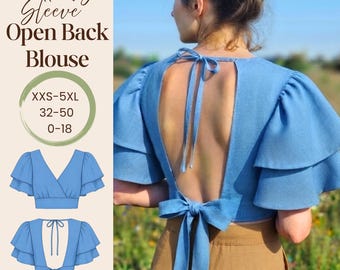 Patrón de costura en PDF para blusa con mangas mariposa y espalda abierta con lazo - Top corto con mangas superpuestas - 10 tallas disponibles