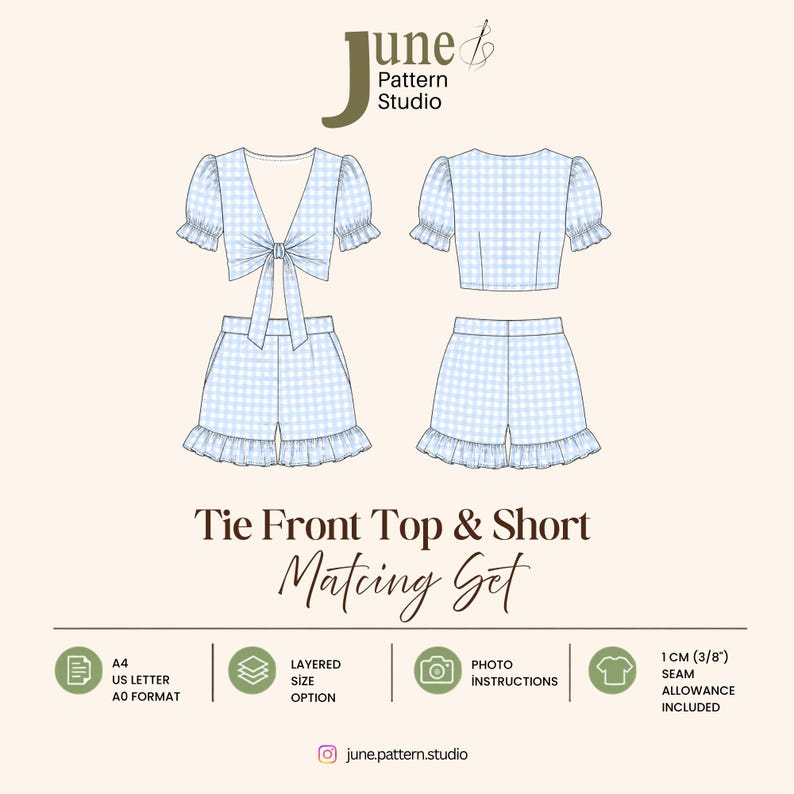 May include: A sewing pattern for a light blue and white gingham tie-front top and shorts set by June Pattern Studio. The design features puff sleeves with ruffles, a tie-front closure, and ruffled shorts. Includes A4, US Letter, and A0 formats.