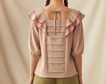 Patrón de costura en PDF para blusa con cuello cuadrado y volantes