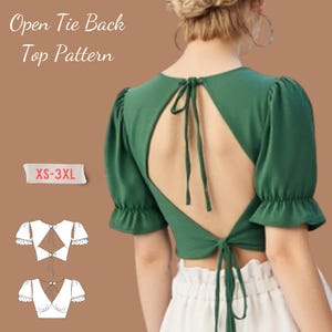 Open Tie Back Top Sewing Pattern- Beginner Friendly Pdf Sewing Pattern in Sizes XS-3XL- Short Puff Sleeve Trendy Top Sewing Pattern