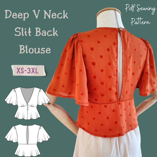 Deep V Neck Slit Back Butterfly Sleeve Blouse Pdf Sewing Pattern- Well Made Trendy Digital Pattern in Sizes XS-3XL