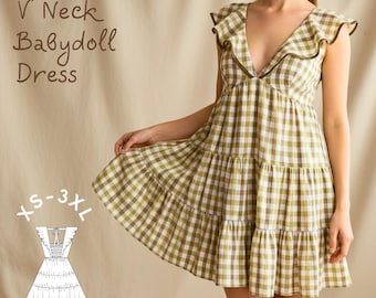 Frill V-Neck Babydoll Dress Sewing Pattern (PDF) XS-3XL