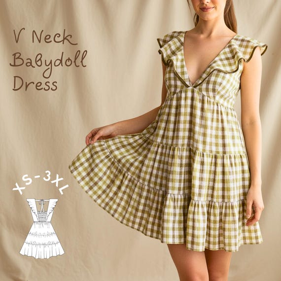 Frill V-neck Babydoll Dress Sewing Pattern (PDF) XS-3XL - Etsy