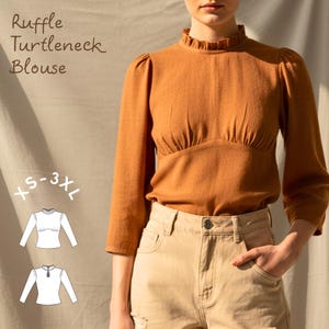 Modello di cucito per camicetta a collo alto con volant: adatto ai principianti (XS-3XL) (modello PDF)