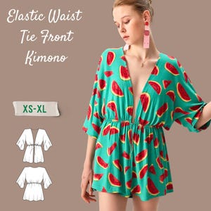 Tie Front Kimono Sewing Pattern: Elastic Waist Cover Up (XS-XL) (PDF Pattern)