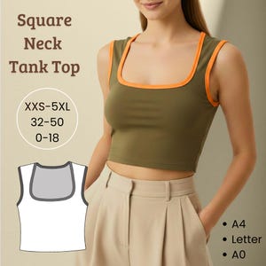 May include: An olive green square neck tank top with orange trim. The image includes the text "Square Neck Tank Top", size options, and document size options. The tank top is a crop top style.