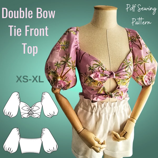 Double Bow Tie Front Summer Top PDF Sewing Pattern- Easy Sewing Pattern For Beginners in size XS-3XL-