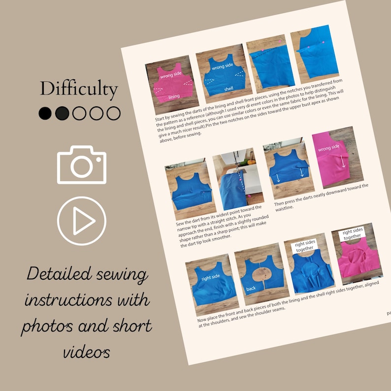 May include: A sewing instruction sheet featuring a difficulty rating of two out of five circles, a camera icon, and a play button icon. The text reads Difficulty, Detailed sewing instructions with photos and short videos. It includes multiple step-by-step photographs showing blue and pink fabric pieces being sewn, with labels like wrong side, lining, shell, right side, and back.