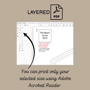 May include: A layered PDF digital sewing pattern file featuring a test square measuring 5x5 cm or 2x2 inches. The interface displays a size selection menu ranging from XXS to 3XL, with text indicating that users can print only their selected size.