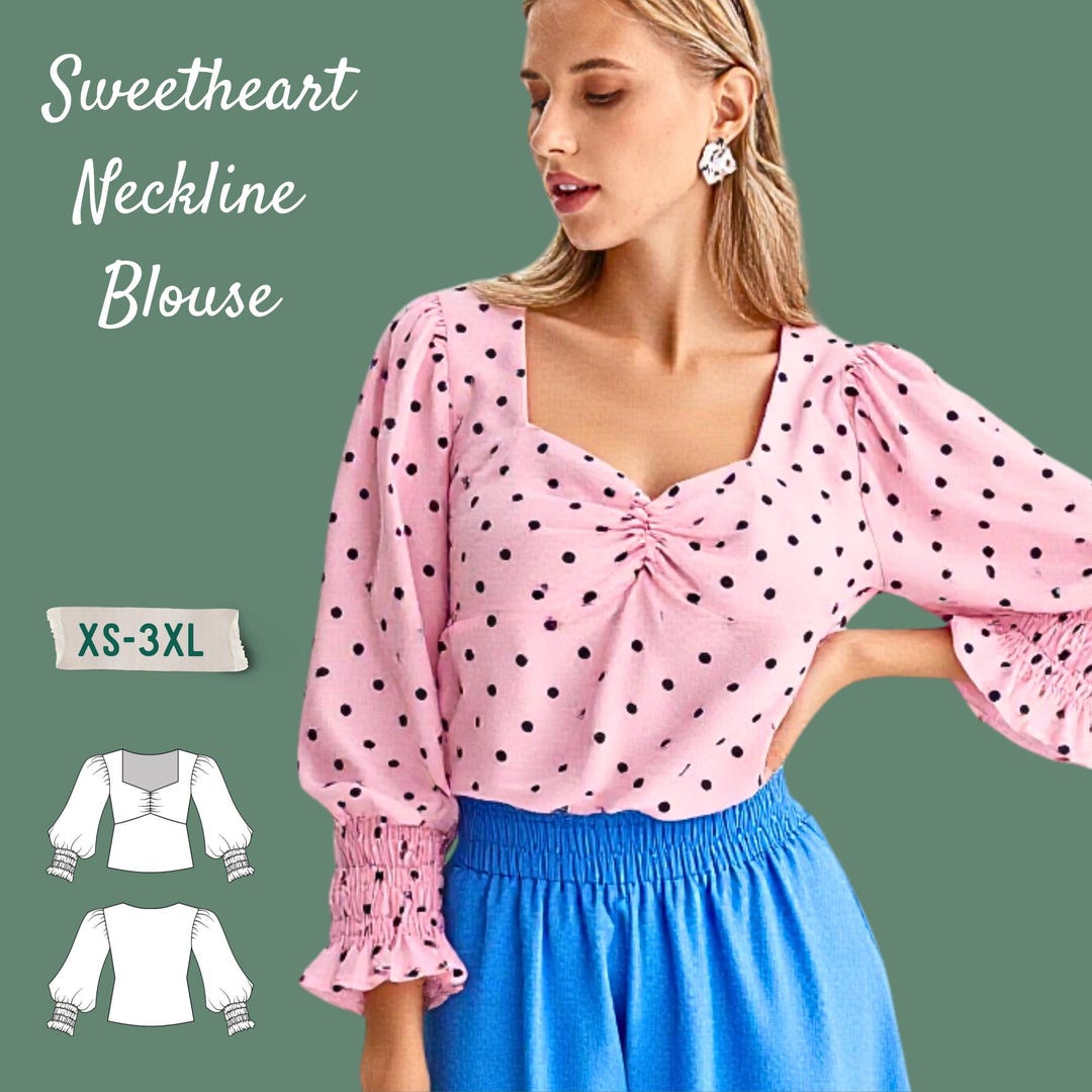 Sweetheart Neckline Puff Sleeve Blouse Pdf Sewing Pattern- Vintage ...