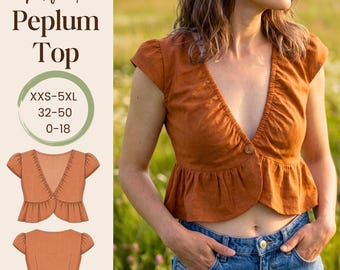 Top de verano con escote en V y volantes - Patrón de costura en PDF - 10 tallas disponibles
