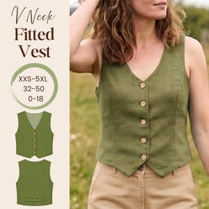 May include: An olive green V-neck fitted vest featuring five light-colored buttons down the front. Text on the left reads V Neck Fitted Vest with size ranges XXS-5XL, 32-50, and 0-18. Illustrations show the front and back views of the vest.