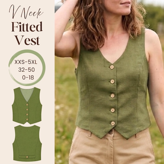Fitted V Neck Waistcoat PDF Sewing Pattern: Beginner Friendly Vest Pattern -10 Sizes Available