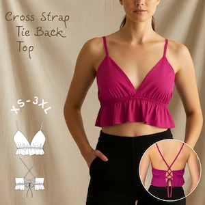 フリルヘムキャミソールトップスの縫製パターン：クロスストラップタイバック（XS-3XL）（デジタルダウンロード）