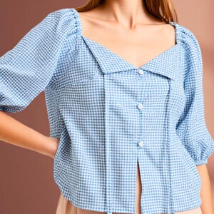 Loop Button Front Puff Sleeve Blouse,tie Neck Top Pdf Sewing Pattern ...
