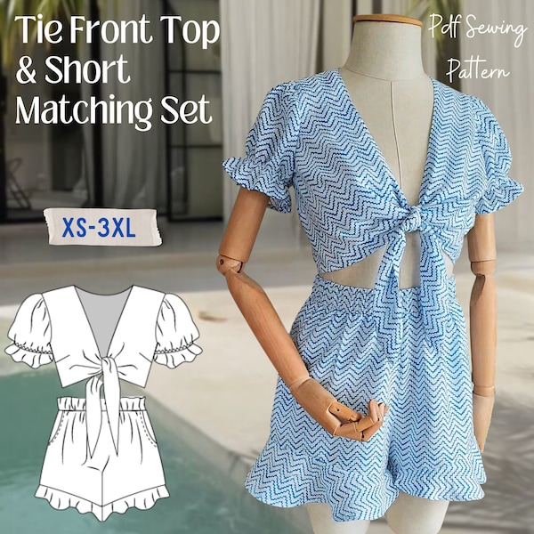 Tie Front Top & High Waist Flounce Hem Short Matching Set PDF Sewing Pattern in Sizes XS-3XL- Digital Pattern