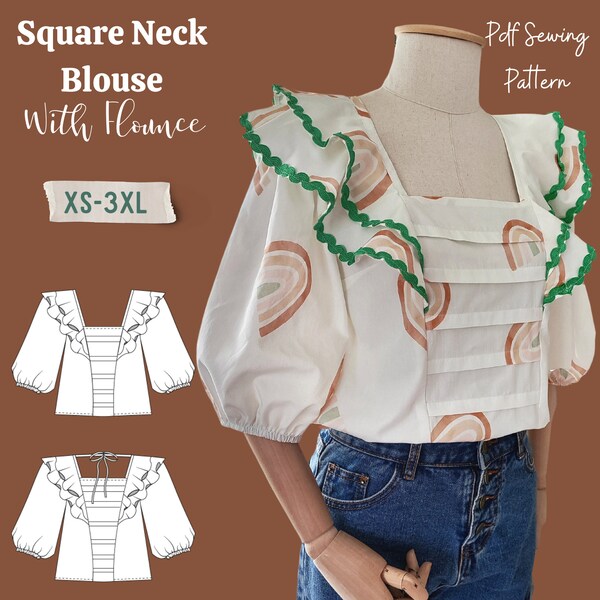 Square Neck Blouse With Flounce Pdf Sewing Pattern- Vintage Inspired Romantic Blouse Digital Pattern in Sizes XS-3XL