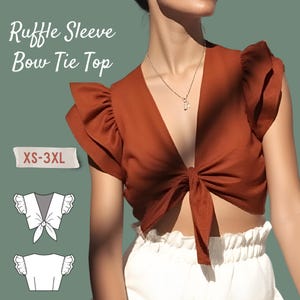 Ruffle Sleeve Tie Front Crop Top PDF Digital Sewing Pattern- Easy Summer Top Pattern- Bow Tie Front Top Pattern-Printable in sizes XS-3XL
