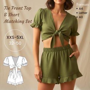 Tie Front Top & Shorts Matching Set Pdf Sewing Pattern XXS/0/32-5XL/18/50 Sizes-Summer Matching Set