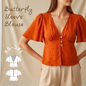 Butterfly Sleeve Blouse PDF Sewing Pattern: Deep V Neck, Slit Back (XS-3XL)