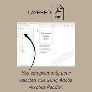 May include: A layered PDF digital sewing pattern file featuring a test square measuring 5x5 cm or 2x2 inches. The interface displays a size selection menu ranging from XXS to 3XL, allowing users to print only their specific size via Adobe Acrobat Reader.