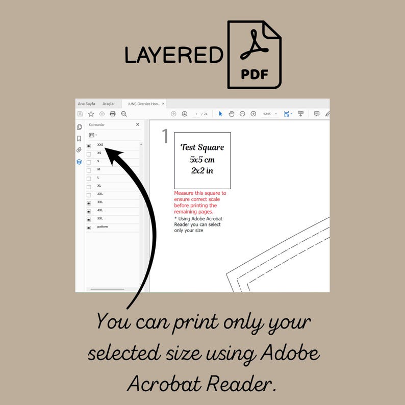 May include: A layered PDF digital sewing pattern file featuring a test square measuring 5x5 cm or 2x2 inches. The interface displays a size selection menu ranging from XXS to 3XL, allowing users to print only their specific size via Adobe Acrobat Reader.