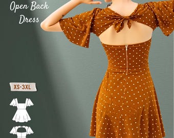 Butterfly Sleeve Mini Dress Sewing Pattern: Open Back, XS-3XL (PDF Pattern)