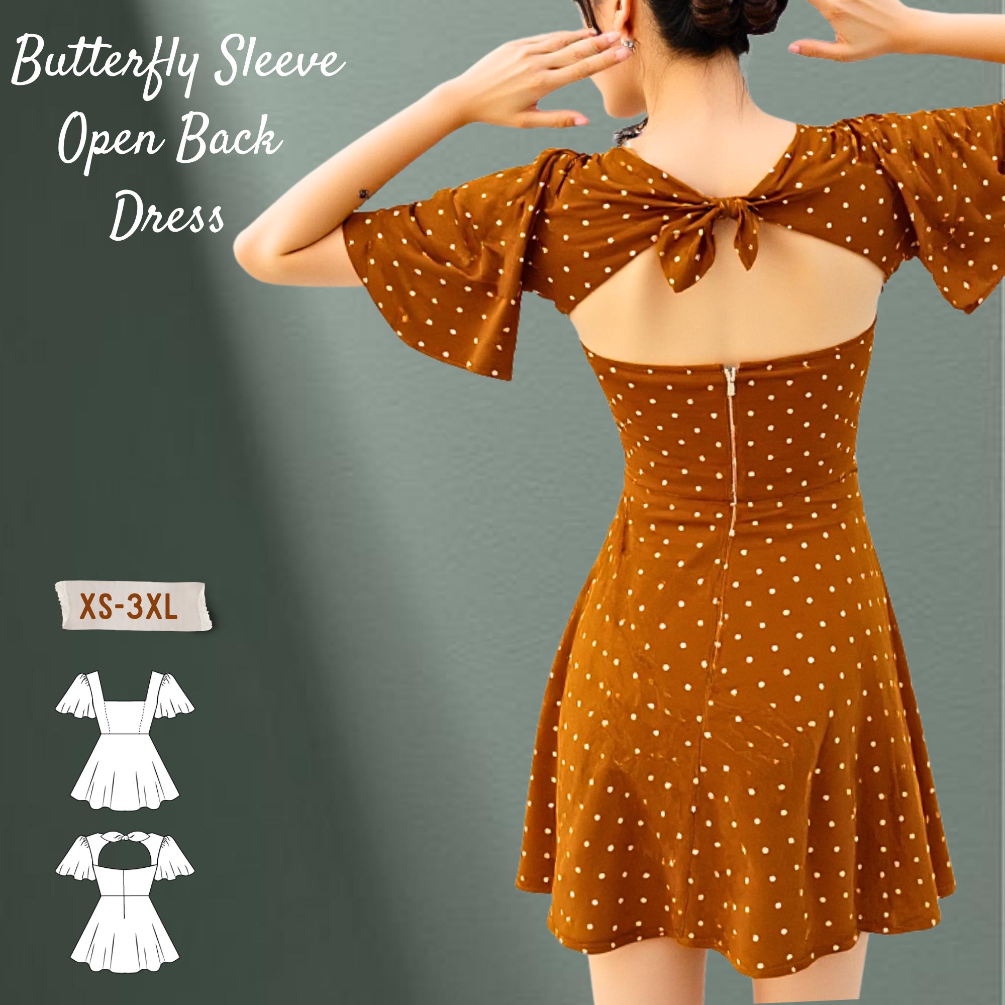 Butterfly Sleeve Open Back Square Neck Dress PDF Sewing