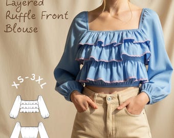 Layered Volangblus med Puffärm och Långärmad Pdf Symönster - Välgjort Trendigt Digitalt Mönster i Storlekar XS-3XL