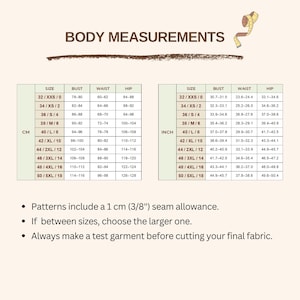 Pode incluir: Uma tabela de medidas corporais com duas se&ccedil;&otilde;es para tamanhos em cent&iacute;metros e polegadas. O texto inclui BODY MEASUREMENTS, faixas de tamanho de XXS a 5XL e instru&ccedil;&otilde;es sobre uma margem de costura de 1 cm, escolha do tamanho maior e pe&ccedil;a de teste.