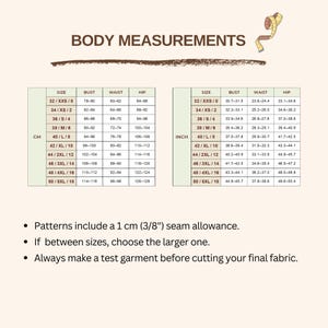 May include: A body measurements chart featuring two tables with sizes ranging from 32/XXS/0 to 50/5XL/18. One table displays measurements in centimeters and the other in inches. Text includes: Patterns include a 1 cm (3/8") seam allowance.