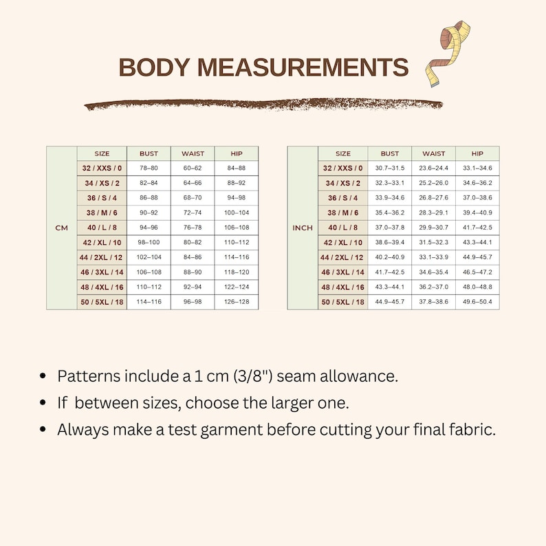 May include: A body measurements chart featuring two tables with sizes ranging from 32/XXS/0 to 50/5XL/18. One table displays measurements in centimeters and the other in inches. Text includes: Patterns include a 1 cm (3/8") seam allowance.