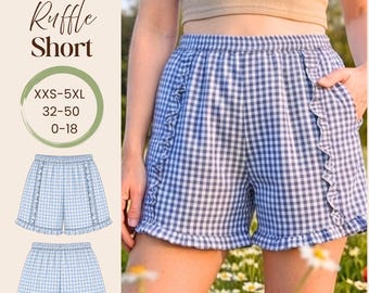 Pantalones cortos con volantes laterales y bolsillos. Patrón de costura en PDF. Ideal para principiantes. 10 tallas disponibles.