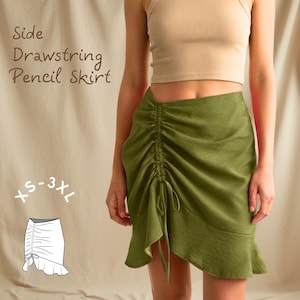 Ruched Mini Skirt Sewing Pattern: Side Drawstring, Flounce Hem (PDF Pattern)