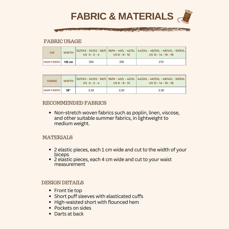 May include: A fabric and materials guide for a sewing pattern featuring a front tie top, short puff sleeves with elasticated cuffs, and high-waisted shorts with a flounced hem, side pockets, and back darts, including fabric usage tables and material lists.