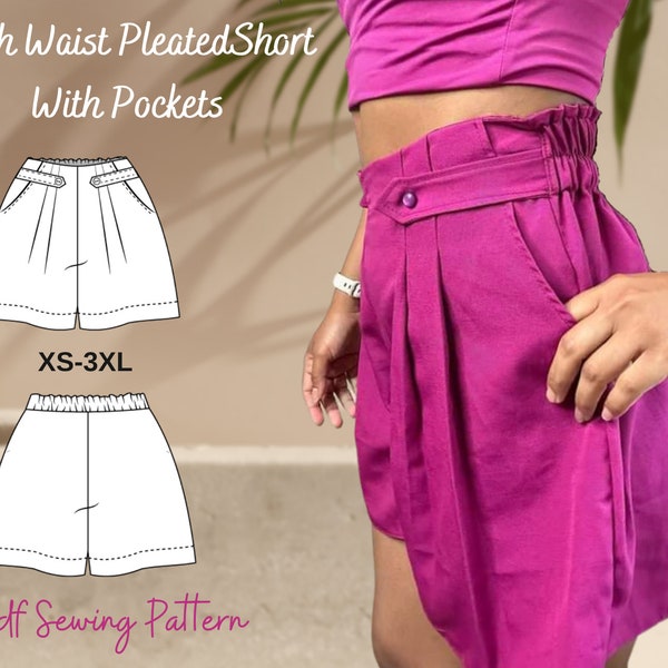 High Waist Pleated Half Elastic Waistband Short With Pockets Pdf Sewing Pattern- Beginner Friendly Digital Pattern in Sizes XS-3XL