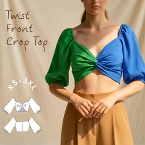 Twist Front Crop Top PDF Schnittmuster - druckbare Schnittmuster in den Größen XS-3XL-Puff Ärmel Anfänger freundlich Top Schnittmuster