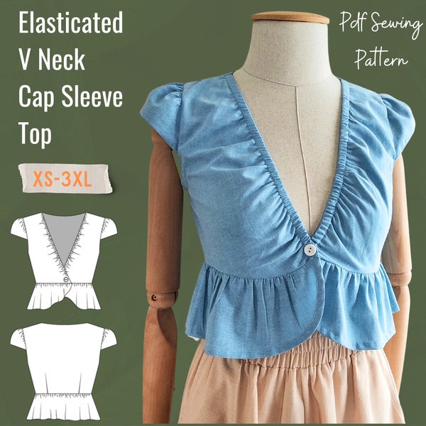 Elasticated V Neck Cap Sleeve Top Pdf Sewing Pattern- Well Made Trendy Digital Pattern in Sizes XS-3XL