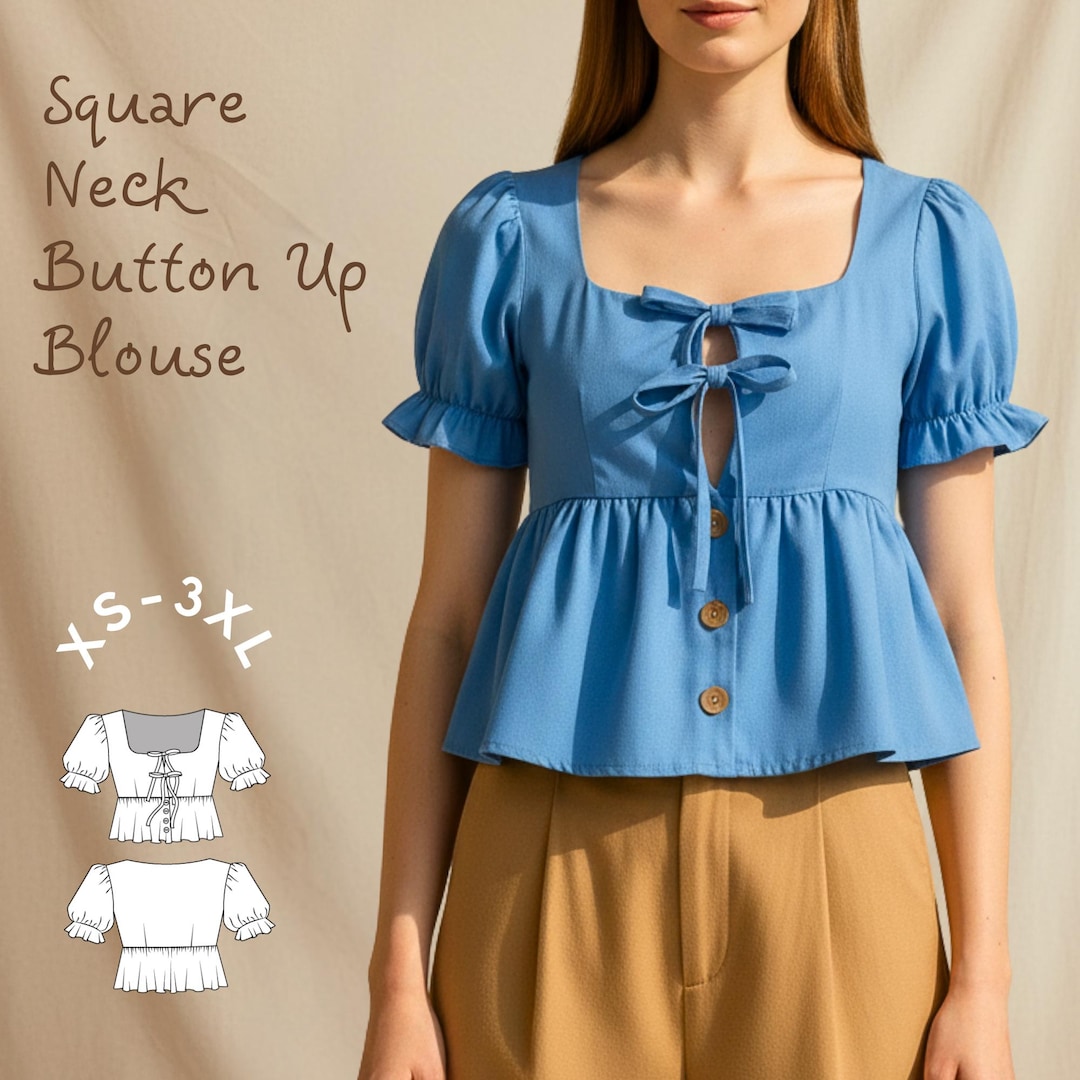 Buy Square Neck Tie Front Puff Sleeve Blouse -button up Shirt Pdf