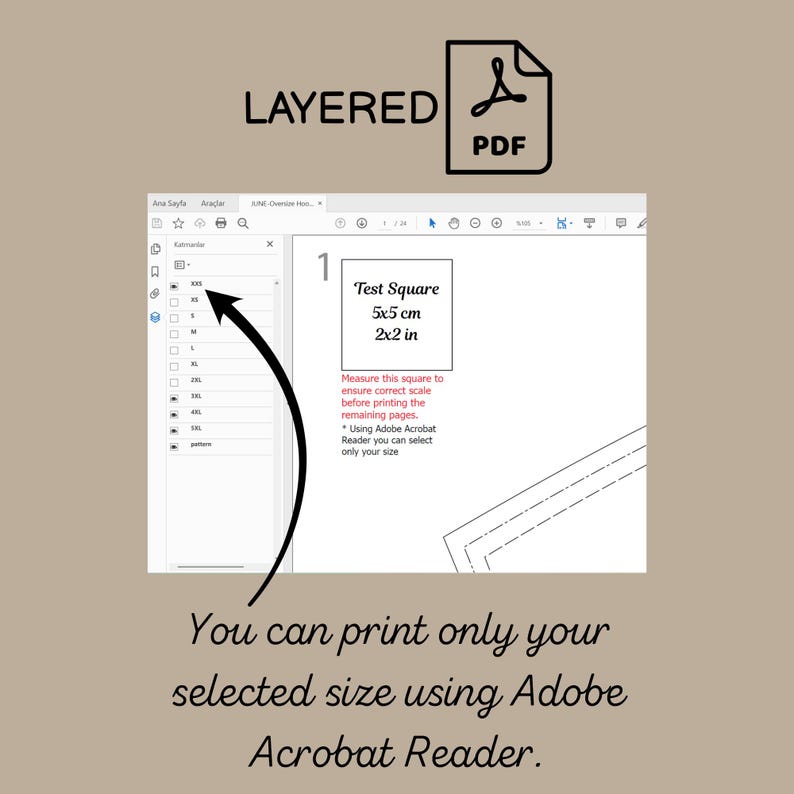 May include: A layered PDF digital sewing pattern file featuring a test square measuring 5x5 cm or 2x2 inches. The interface shows a size selection menu for XXS through 3XL, with text indicating that users can print only their selected size using Adobe Acrobat Reader.