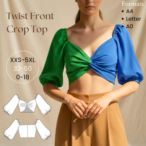 ツイストフロントパフスリーブクロップトップPDF型紙 - 初心者向け、サイズ0-32-XXS /18-50-5XL