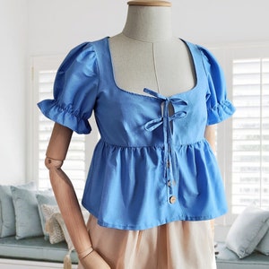 Square Neck Tie Front Puff Sleeve Blouse -button up Shirt Pdf Sewing ...