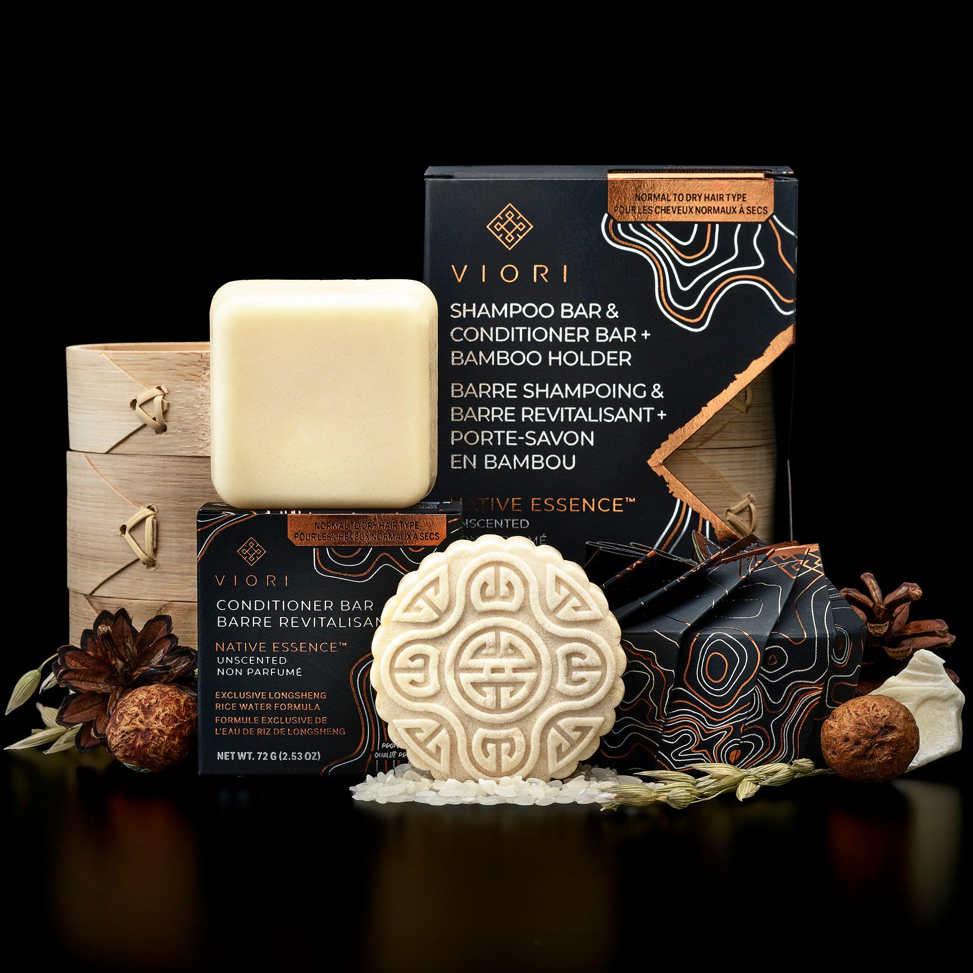 Unscented Shampoo and Conditioner Bar Set with Bamboo Holder Fragrance Free Hair Care Starter Kit Zero Waste Gift Set
